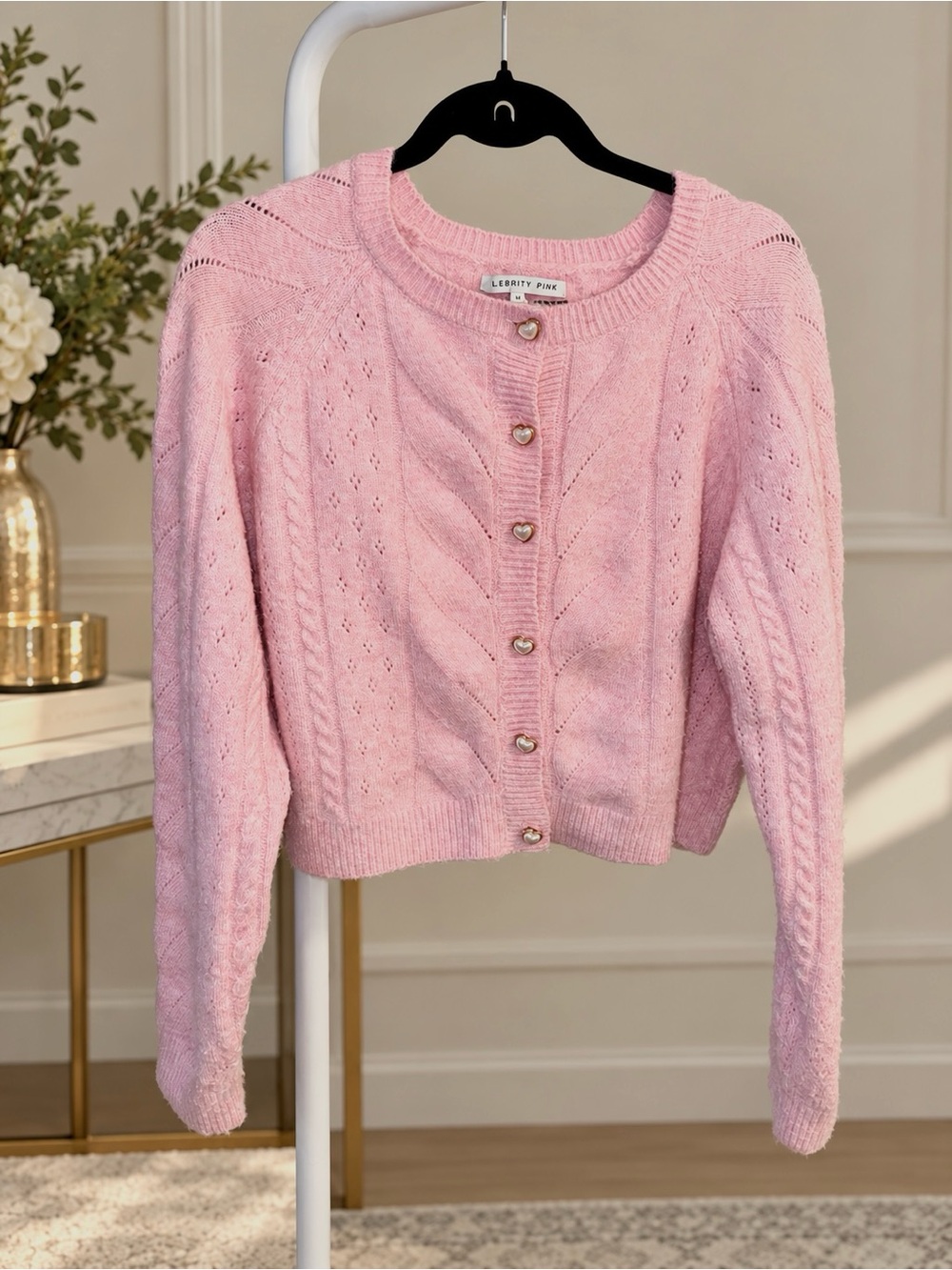 Pink Cable Knit Cardigan With Heart Buttons